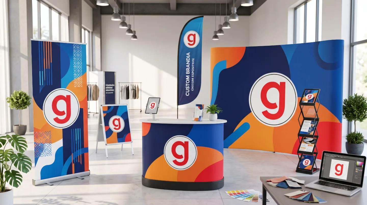 Allestimento con roll-up, bandiera a vela, parete curva e banchetto personalizzati