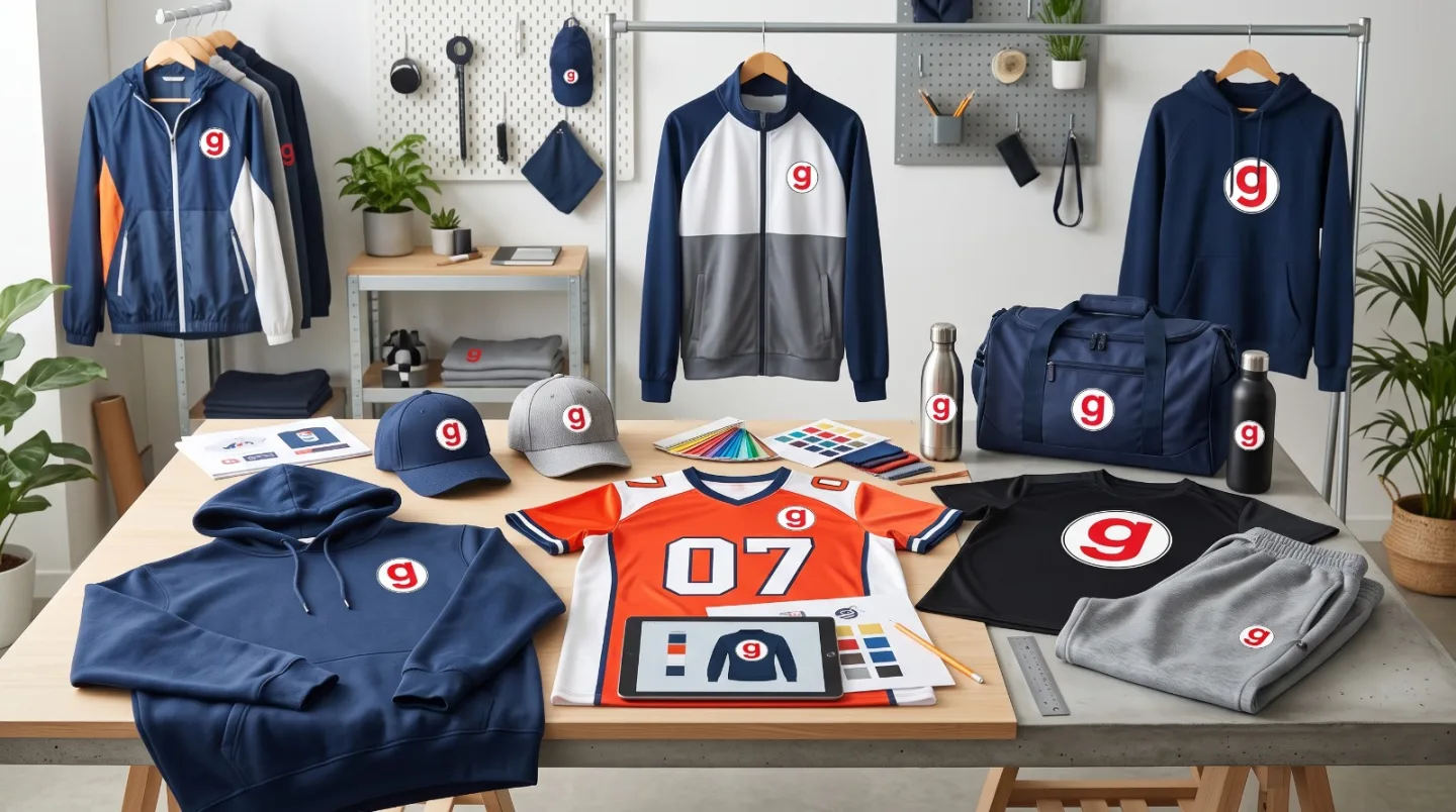 Felpe, t-shirt, cappellini e borracce sportive personalizzati su un tavolo