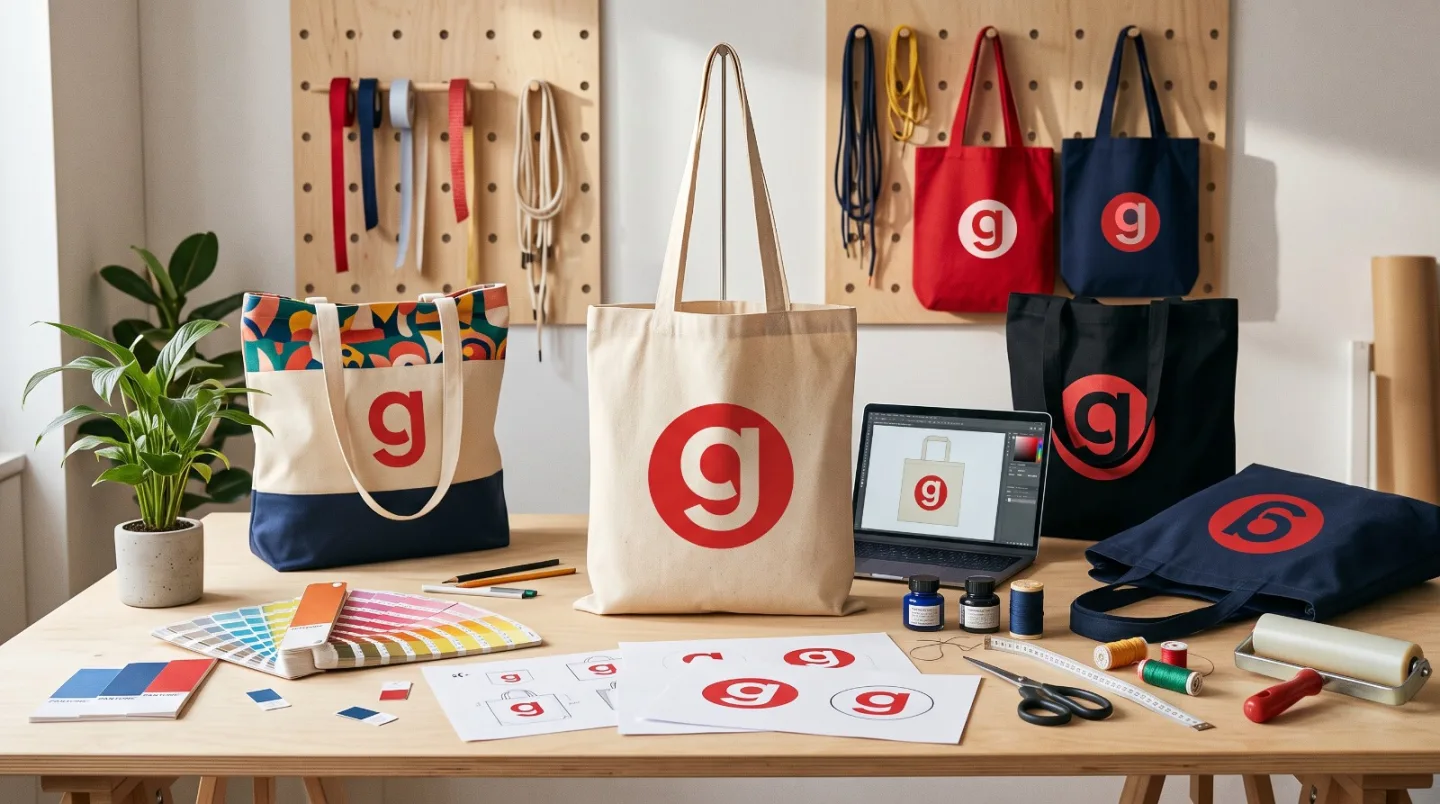 Shopper in cotone personalizzate su un banco di lavoro