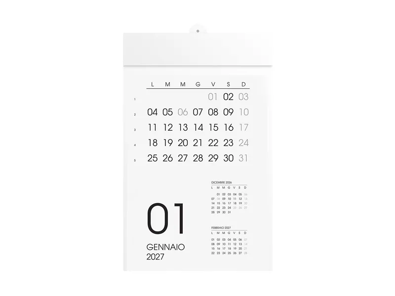 Calendario 2027 da parete mensile, 12 mesi, su cartoncino bianco, termosaldato bianco