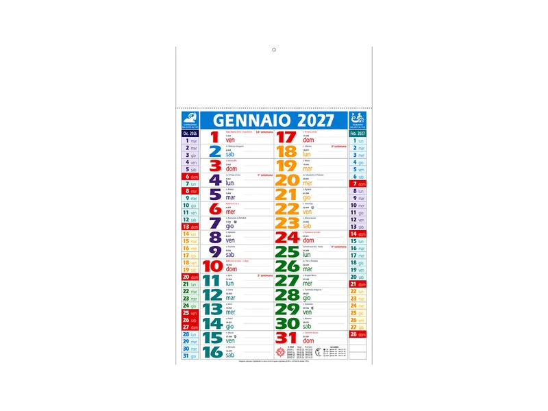 Calendario 2027 da muro mensile multicolore, 12 fogli, su carta patinata, termosaldato multicolore