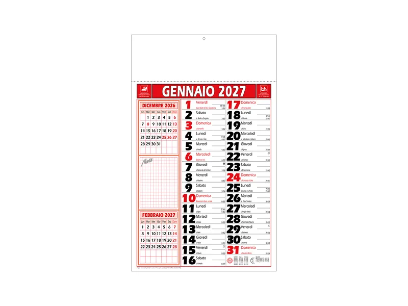 Calendario 2027 da muro mensile bicolore, 12 fogli, su carta patinata, termosaldato, Rosso rosso