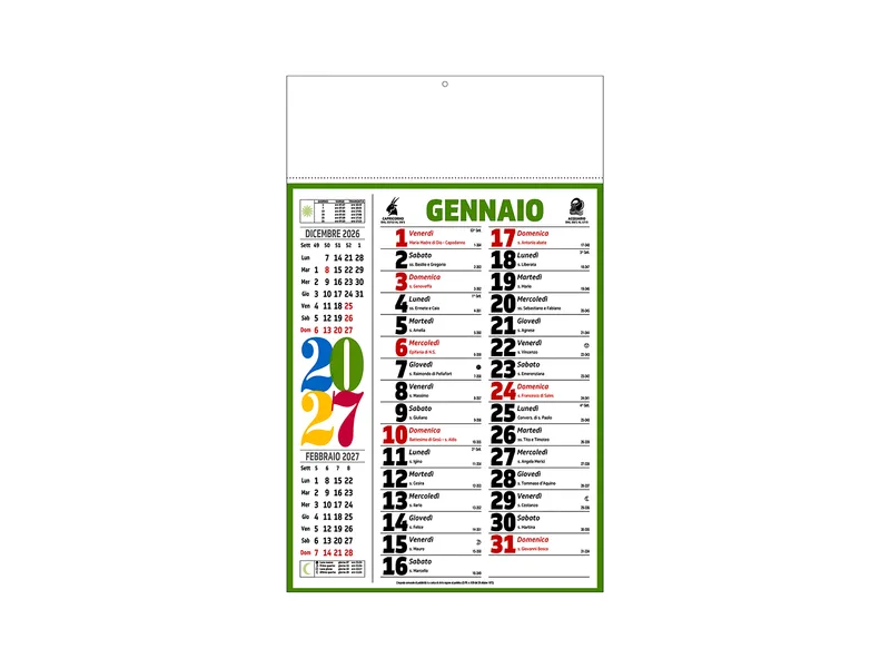 Calendario 2027 da muro mensile multicolore,12 fogli, su carta patinata, termosaldato multicolore
